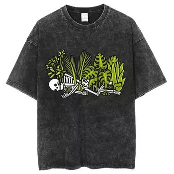 Летняя унисекс футболка оверсайз с принтом черепа и растений, выстиранная, нейтральная, с коротким рукавом, повседневная, забавная одежда для мужчин S