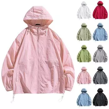 Летняя унисекс модная однотонная тонкая куртка на молнии с капюшоном и солнцезащитным козырьком L чёрный