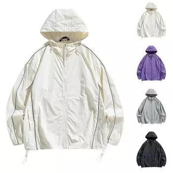 Летняя унисекс модная однотонная тонкая куртка на молнии с капюшоном и солнцезащитным козырьком L чёрный