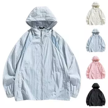 Летняя унисекс модная однотонная тонкая куртка на молнии с капюшоном и солнцезащитным козырьком L чёрный