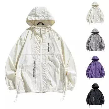 Летняя унисекс модная однотонная тонкая куртка на молнии с капюшоном и солнцезащитным козырьком L чёрный