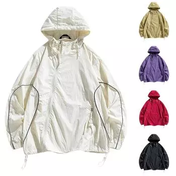 Летняя унисекс модная однотонная тонкая куртка на молнии с капюшоном и солнцезащитным козырьком L чёрный