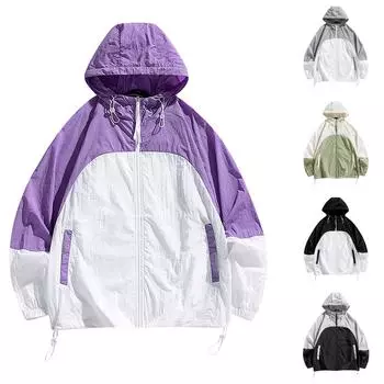 Летняя унисекс модная однотонная тонкая куртка на молнии с капюшоном и солнцезащитным козырьком L чёрный