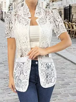 Летняя универсальная однотонная кружевная рубашка с коротким рукавом, женская одежда S белый
