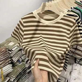 Летняя универсальная полосатая футболка с коротким рукавом, женский новый топ с круглым вырезом и дизайном M