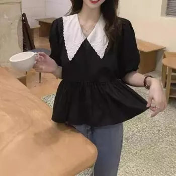 Летняя утягивающая модная омолаживающая черная рубашка с короткими рукавами и воротником-пузырем, блузки и рубашки S белый
