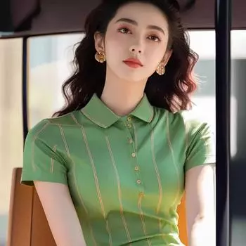 Летняя узкая футболка-поло с красивым верхним дизайном Dopamine Green Striped с короткими рукавами для женщин S зелёный