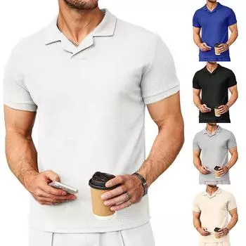 Летняя вафельная рубашка поло с v-образным вырезом и лацканами, крутые мужские топы с короткими рукавами, повседневная модная футболка S серый