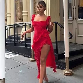 Летняя вечеринка, сексуальное элегантное платье с высоким разрезом для женщин, тонкие платья без рукавов с рюшами и высокой талией, женский подарок на день рождения, пляжное платье для отдыха, женское XS чёрный