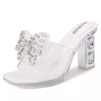 Летняя верхняя одежда на толстой подошве прозрачные со стразами туфли-шлепанцы на высоком каблуке женские сандалии на толстом каблуке шлепанцы с открытым носком 35