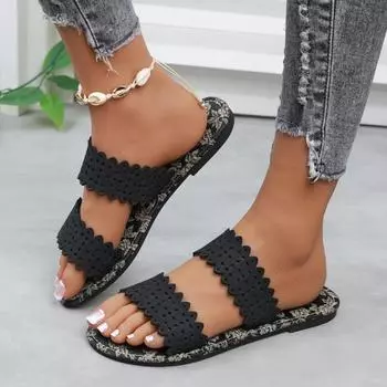 Летняя верхняя одежда Одно слово Шлепанцы Печатные полые Модные легкие повседневные сандалии Шлепанцы 36 зелёный