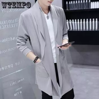 Летняя ветровка мужская плюс размер средней длины красивое свободное дышащее пальто корейское тонкое ветровка выше колена M чёрный