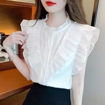 Летняя винтажная белая повседневная блузка с летящими рукавами, женская элегантная приталенная шифоновая рубашка для женщин, модные однотонные офисные женские топы 24190 S белый