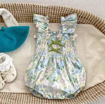 Летняя винтажная цельная одежда с цветочным принтом для девочек, хлопковое боди без рукавов, комбинезон для маленьких девочек 66