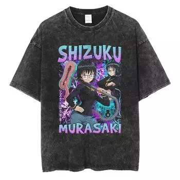 Летняя винтажная футболка оверсайз Мода Уличная одежда Аниме Графический принт Футболка Унисекс Свободная Мужская Выстиранная Черная Футболки Топы S