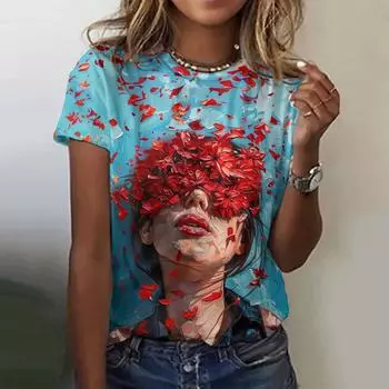 Летняя винтажная футболка, женская футболка с круглым вырезом и забавным принтом, повседневная свободная футболка с 3d цветочным рисунком, элегантные топы большого размера с короткими рукавами Y2k M