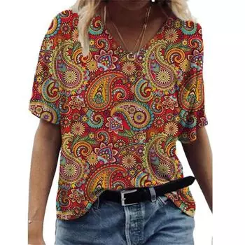 Летняя винтажная футболка женская модная футболка с V-образным вырезом топы футболки одежда Y2k женские футболки рубашка женская майки этнические S