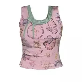 Летняя винтажная майка без рукавов с принтом 2024 Y2k, эстетические сексуальные винтажные укороченные майки, женские уличные лоскутные топы в стиле гранж S розовый