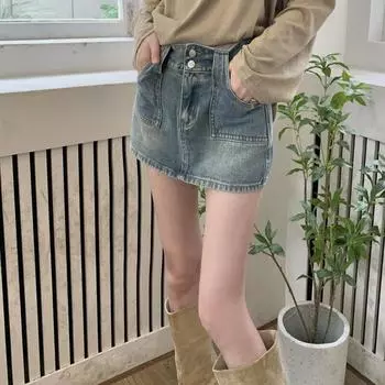 Летняя винтажная мини-сексуальная юбка трапециевидной формы с запахом на бедрах, повседневная синяя джинсовая юбка с карманами на пуговицах в стиле ретро, модная короткая юбка с высокой талией 25402 S синий