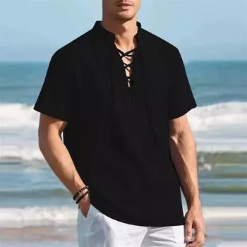 Летняя винтажная мужская рубашка с V-образным вырезом, дизайн со шнурком, хлопок-лен, дышащая, стильная, повседневная, однотонная, отпускная S