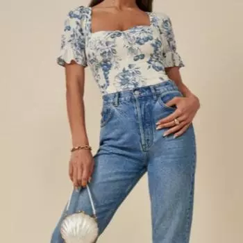 Летняя винтажная рубашка цвета слоновой кости с цветочным принтом, эластичная рубашка в стиле ретро со сборками на спине, квадратный воротник, короткий рукав, короткая блузка, майка, топы L синий