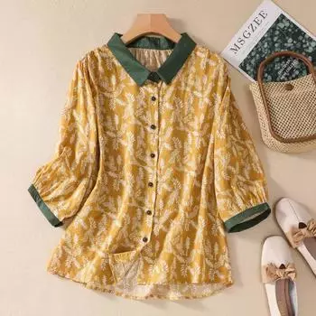 Летняя винтажная рубашка с цветочным принтом и воротником с рукавами семь четвертей для женщин, блузки и рубашки M темно-зеленого