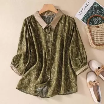 Летняя винтажная рубашка с цветочным принтом и воротником с рукавами семь четвертей для женщин, блузки и рубашки M темно-зеленого