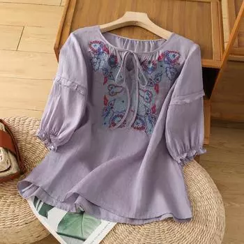 Летняя винтажная свободная вышитая рубашка с V-образным вырезом на шнуровке и пуловер со средним рукавом в китайском стиле M фиолетовый