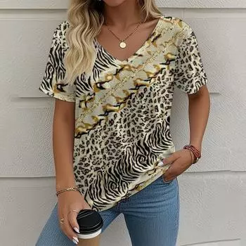 Летняя винтажная женская футболка Повседневная графическая печать Одежда больших размеров Верхняя одежда с V-образным вырезом и коротким рукавом Футболки уличной моды S