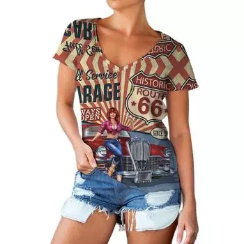 Летняя винтажная женская футболка Route 66 с принтом, модные классические ретро-байкерские свободные рубашки с коротким рукавом, топы, женская одежда S