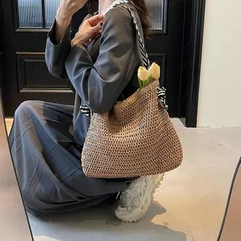 Летняя вместительная соломенная сумка женская сумка через плечо для отдыха на море пляж сумка-ведро для поездок на работу хаки