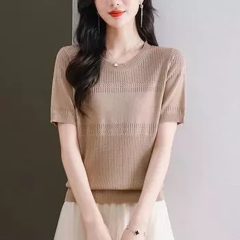 Летняя вязаная футболка из ледяного шелка с вырезами, свободный топ, темпераментная футболка с коротким рукавом для женщин S