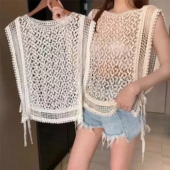 Летняя вязаная крючком верхняя рубашка, женская вязаная жилетка, футболка без рукавов, сексуальная кружевная футболка с вырезами сбоку и шнуровкой, футболка Femme One Size бежевый