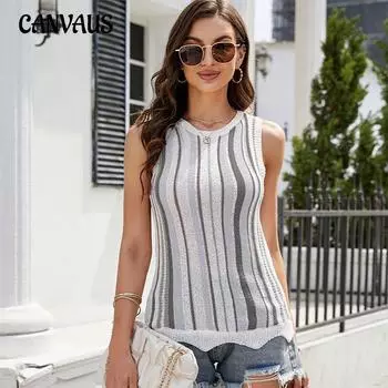 Летняя вязаная майка в вертикальную полоску с цветными блоками, кружевной вязаный жилет с круглым вырезом, женская майка S фиолетовый