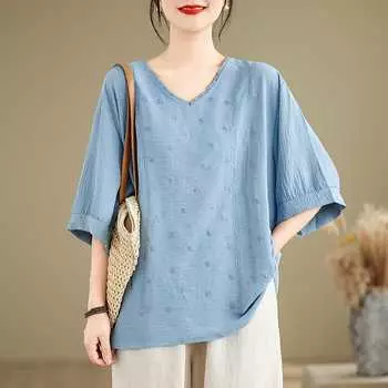Летняя вышитая футболка из рами, свободная футболка с короткими рукавами из льна и хлопка с конопли, женская универсальная футболка M