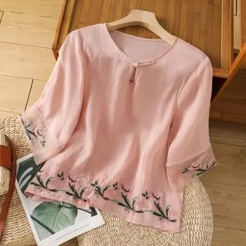 Летняя вышитая в китайском стиле художественная рубашка женская пэчворк свободный топ на пуговицах M белый