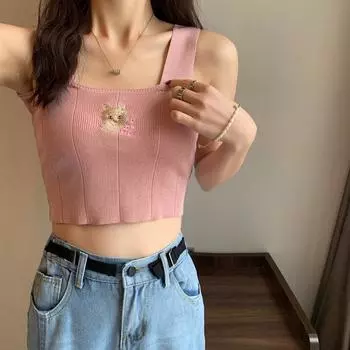 Летняя вышивка котенка с изображением девушки в форме сердца, толстый плечевой ремень, без рукавов, свитер с высокой талией, тонкий жилет-халтер One size