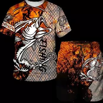 Летняя забавная футболка с 3D принтом и шорты, комплект для рыбалки на карпа, мужская спортивная одежда, спортивные костюмы с круглым вырезом и коротким рукавом, крутая мужская одежда, костюм S