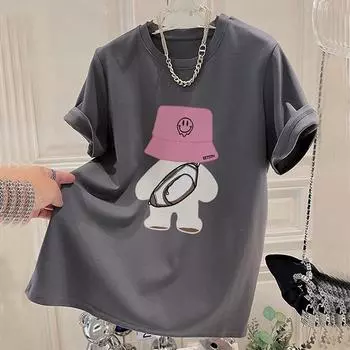 Летняя забавная футболка с мультяшным принтом для женщин, одежда высокого качества, 200 г, 100% хлопок, футболка, футболка Harajuku большого размера, топы Y2k для молодых девушек, уличная одежда M белый