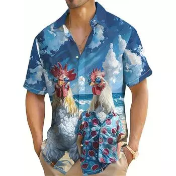 Летняя забавная пляжная рубашка с принтом курицы для мужчин с коротким рукавом, гавайская одежда для отдыха на море, свободные мужские рубашки, топ M