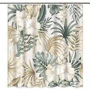 Летняя занавеска для душа с зелеными тропическими растениями, пальмами, белыми цветочными занавесками Havaii, ботаническими занавесками для душа для ванной комнаты с 12 крючками 150x180cm