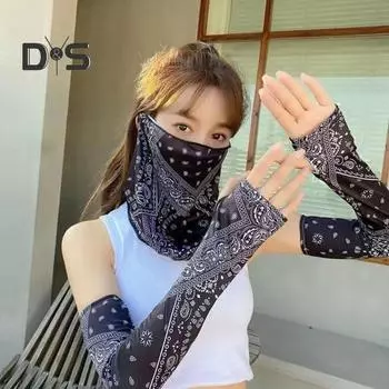 Летняя защита для лица с принтом, ледяной шелк, защитные рукава от солнца, висящие на ушах, анти-УФ-эластичный чехол на шею, быстросохнущий чехол для рук чёрный