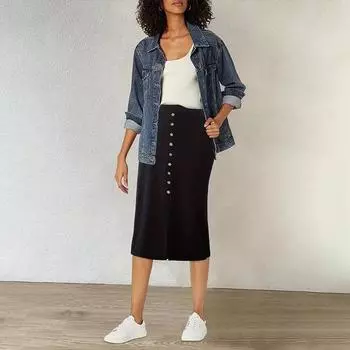 Летняя женская эластичная однотонная юбка до половины тела на пуговицах S чёрный