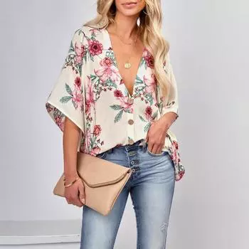 Летняя женская элегантная футболка с цветочным принтом и рукавами «летучая мышь», свободный кардиган, топ S белый