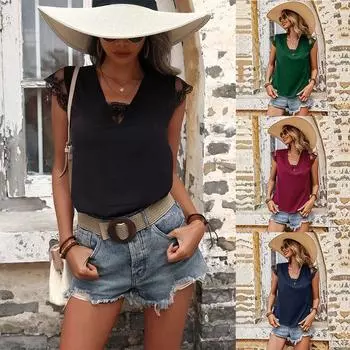 Летняя женская элегантная кружевная лоскутная футболка, свободный повседневный топ с открытой спиной S зелёный