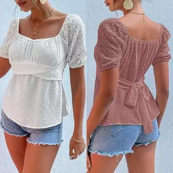 Летняя женская элегантная кружевная лоскутная шифоновая футболка, свободный бандажный топ S белый