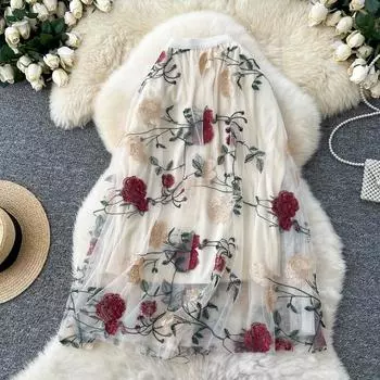 Летняя женская элегантная сетчатая вышитая цветочная длинная юбка миди из тюля One Size абрикосовый