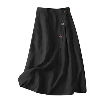 Летняя женская элегантная темпераментная хлопковая льняная юбка длиной до пола L чёрный