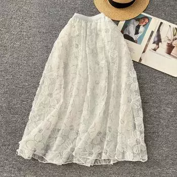 Летняя женская элегантная юбка-фея с высокой талией из сетки с вышивкой в виде цветка One Size белый