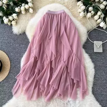 Летняя женская элегантная юбка из тюля с высокой талией и оборками, длинная юбка миди с неровной талией One Size озеро зеленый